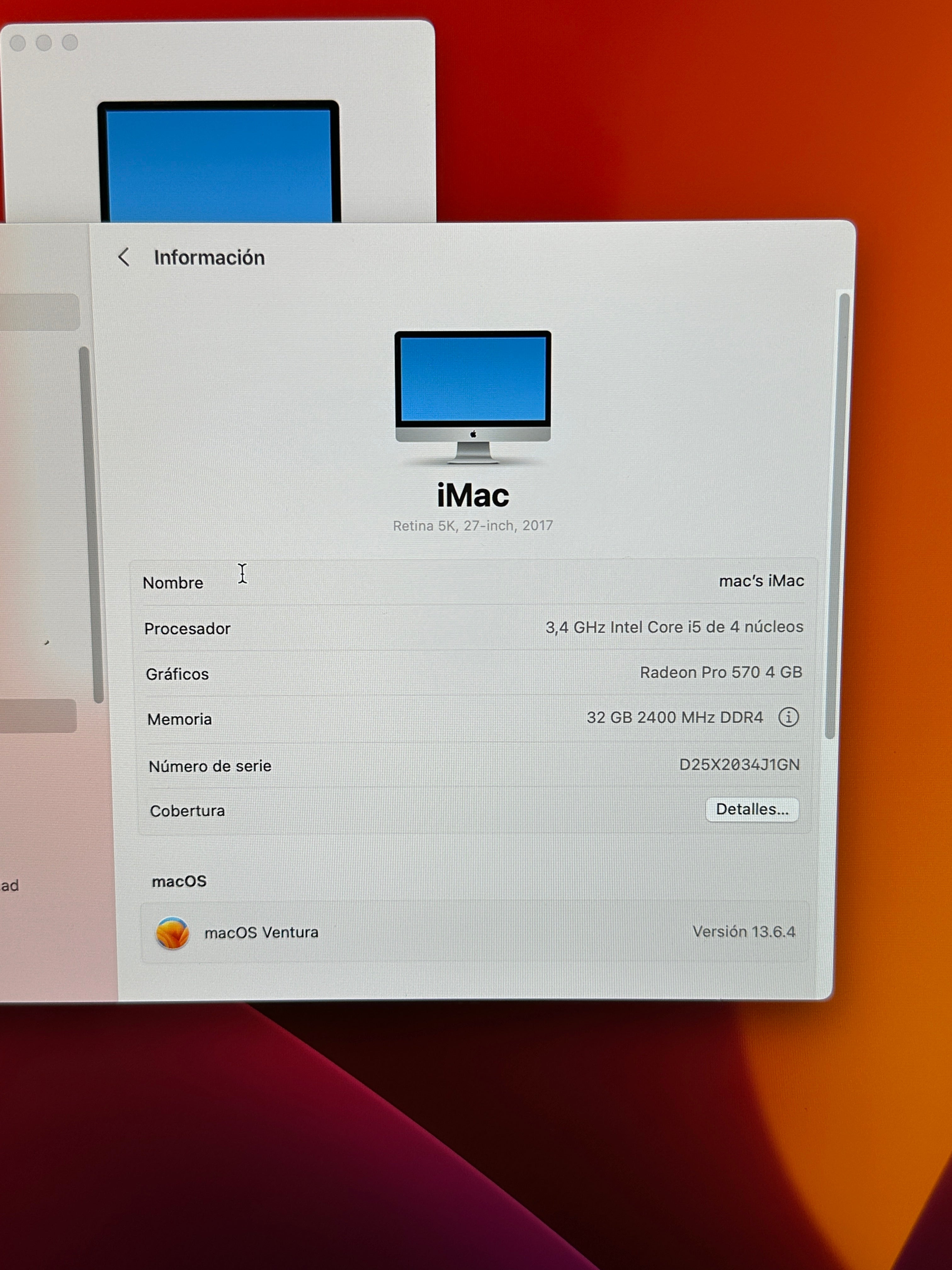 Imac 27" 2017 i5 32gb 1tb Fusion