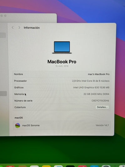 MacBook Pro 15" 2018 i9 32gb 500gb SSD