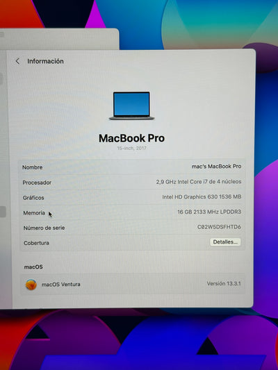 MacBook Pro 15" 2017 i7 16gb 500gb SSD