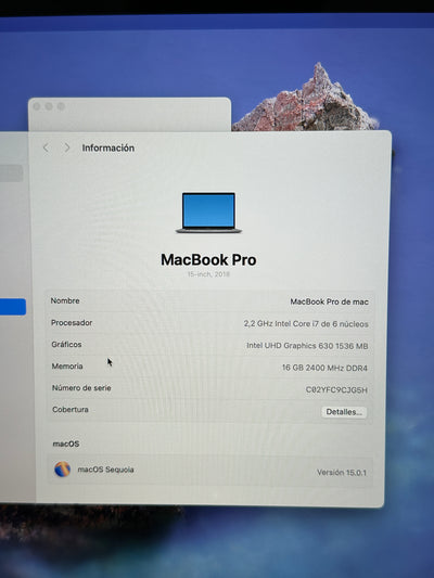 MacBook Pro 15" 2018 i7 16gb 256gb SSD