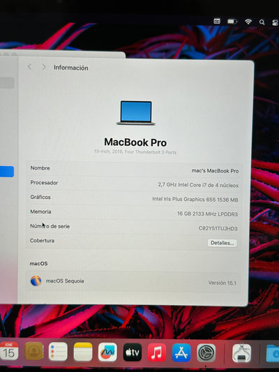 MacBook Pro 13" 2018 TB i7 16gb 1tb SSD