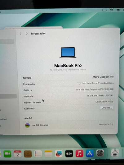 MacBook Pro 13" 2018 TB i7 16gb 500gb SSD