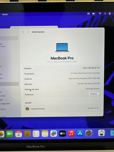 MacBook Pro 13" 2018 TB i7 16gb 500gb SSD