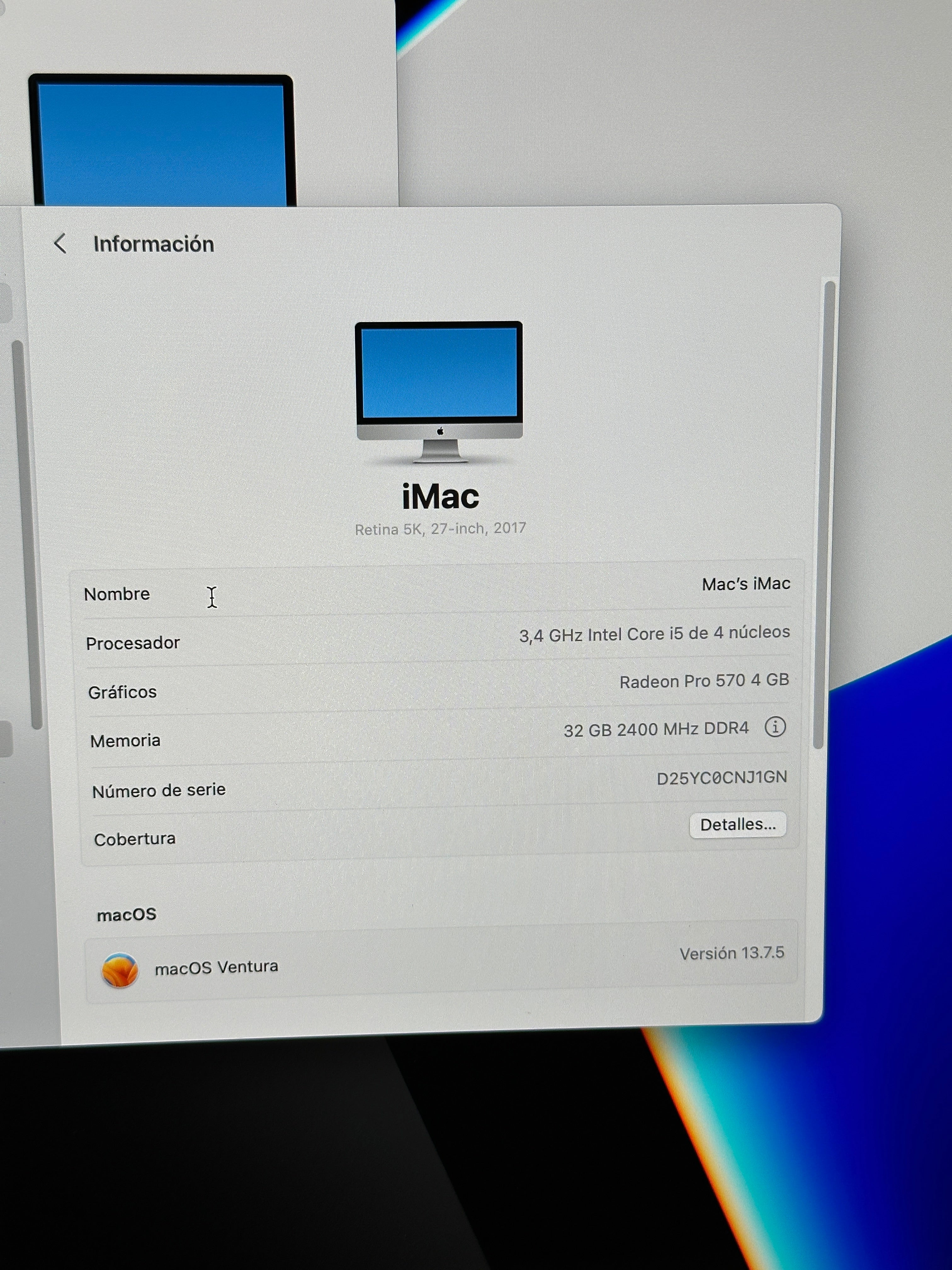Imac 27" 2017 i5 32gb 1tb Fusion
