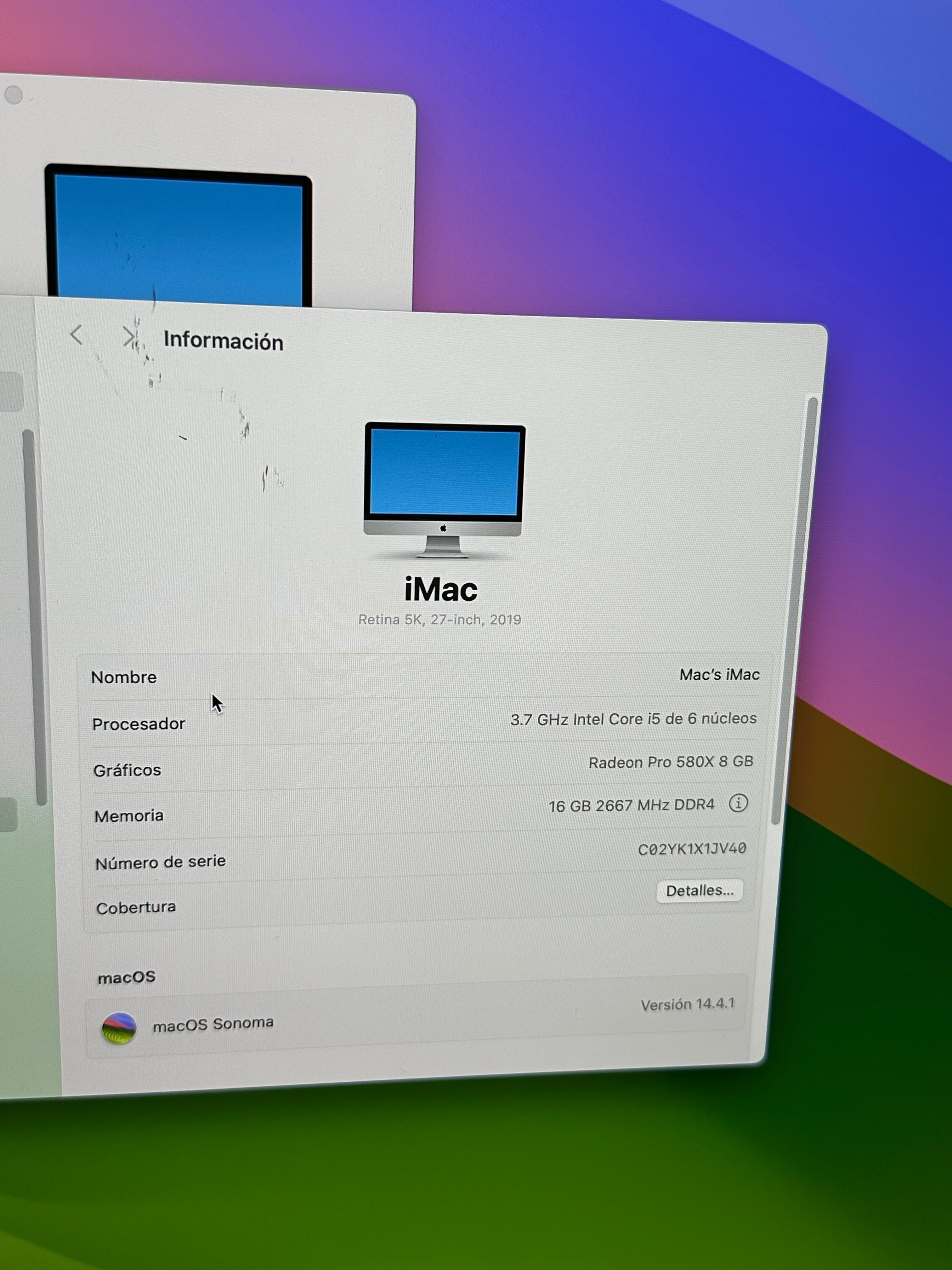 Imac 27" 2019 i5 16gb 1tb SSD