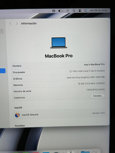 MacBook Pro 13" 2018 TB i7 16gb 1tb SSD