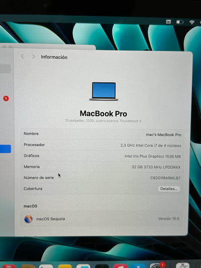 MacBook Pro 13" 2020 TB i7 32gb 1tb SSD