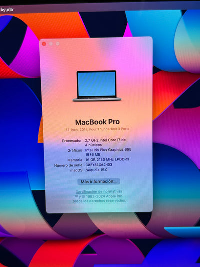 MacBook Pro 13" 2018 TB i7 16gb 1tb SSD